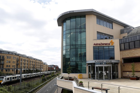 A general view of AstraZeneca offices and the corporate logo in Cambridge, England, Saturday, July 18, 2020. An Oxford University vaccine progress paper is to be published the the Lancet on Monday. Hu ...