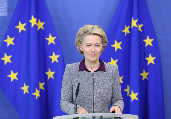 epa08628493 President of the European Commission Ursula von der Leyen addresses a press conference following the resignation of the EU trade commissioner, in Brussels, Belgium, 27 August 2020. EU trad ...