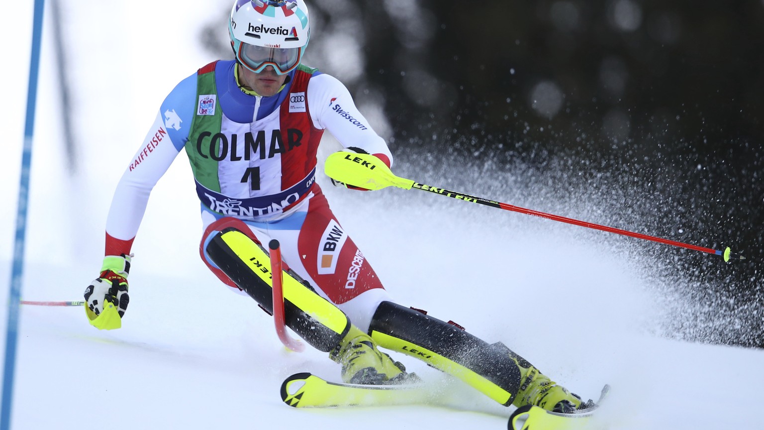 Switzerland&#039;s Daniel Yule competes during a ski World Cup Men&#039;s Slalom, in Madonna Di Campiglio, Italy, Saturday, Dec. 22, 2018. (AP Photo/Alessandro Trovati)
