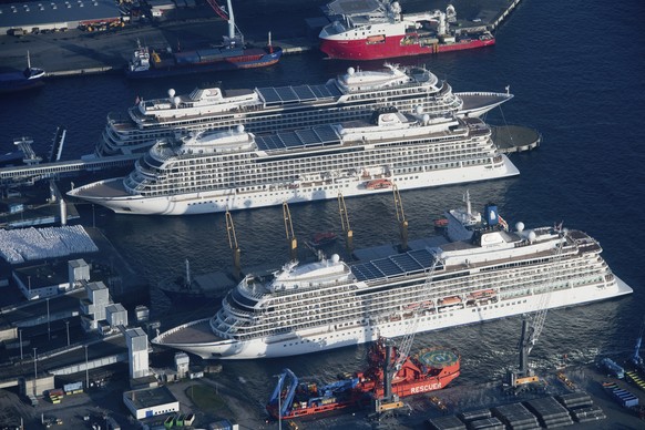 The cruise ships &quot;Viking Sky&quot;, &quot;Viking Sun&quot; and &quot;Viking Star&quot; are moored at a quay in the port of Mukran Sassnitz, Germany, Saturday, Dc. 19, 2020. As there are currently ...