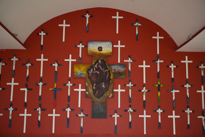 FILE - In this Dec. 6, 2016 file photo, crosses representing 72 migrants massacred in 2010 adorn the chapel at La 72, a migrant shelter in Tenosique, Tabasco state, Mexico. Migrants from Central Ameri ...