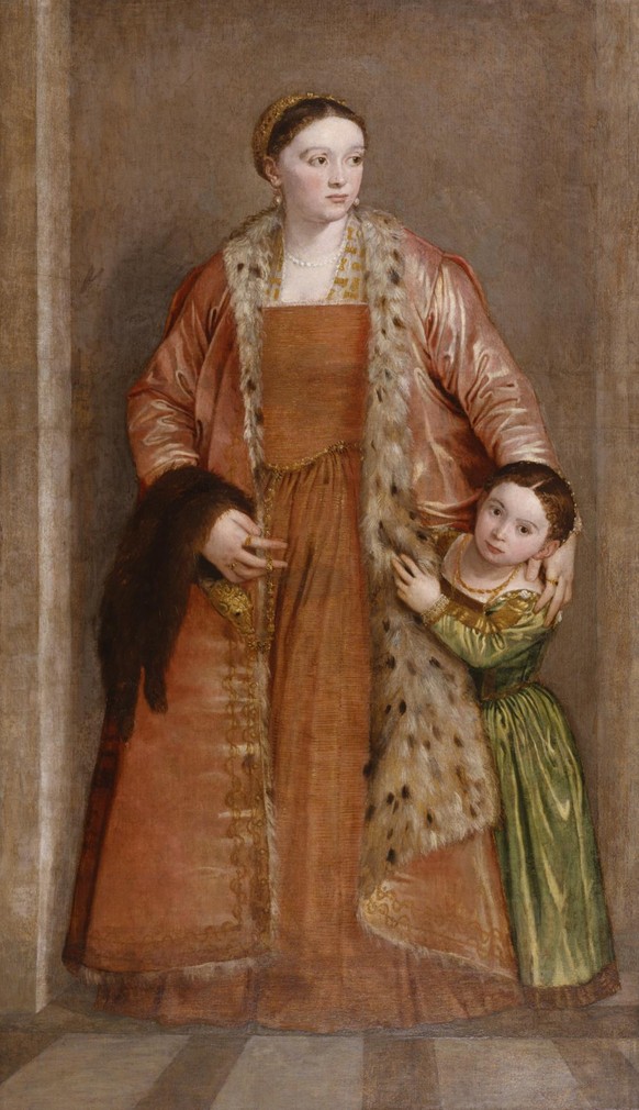 Porträt der Gräfin Livia da Porto Thiene und ihrer Tochter von Paolo Veronese, 1552. Ein über ihre Hand drapiertes Marderfell sollte die zum zweiten Mal schwangere Gräfin vor einer schweren Geburt sch ...