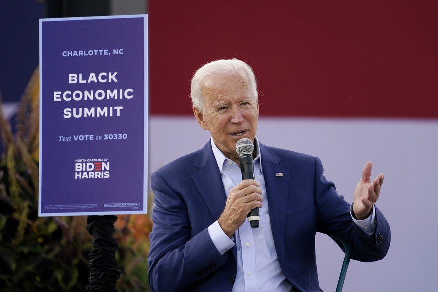 Democratic presidential candidate former Vice President Joe Biden speaks during a Biden for President Black economic summit at Camp North End in Charlotte, N.C., Wednesday, Sept. 23, 2020. (AP Photo/C ...