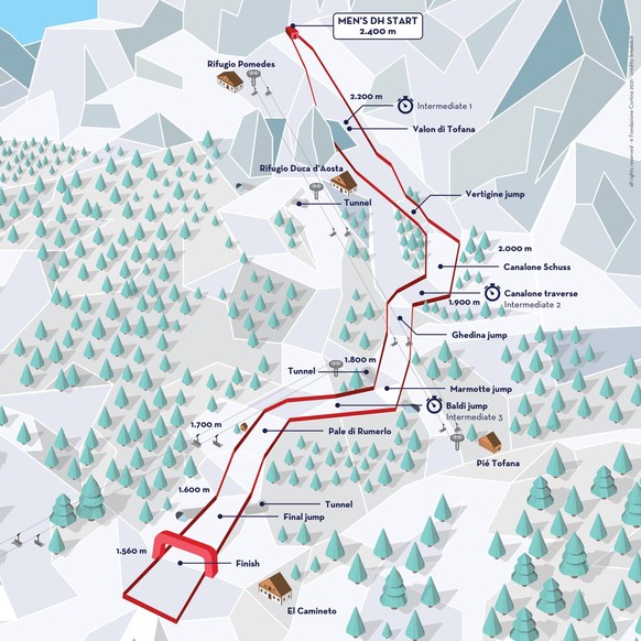 Ski-WM 2021 in Cortina D&#039;Ampezzo: Streckenplan Vertigine (Abfahrt der Maenner, Super-G der Maenner, Alpine Kombination der Maenner)