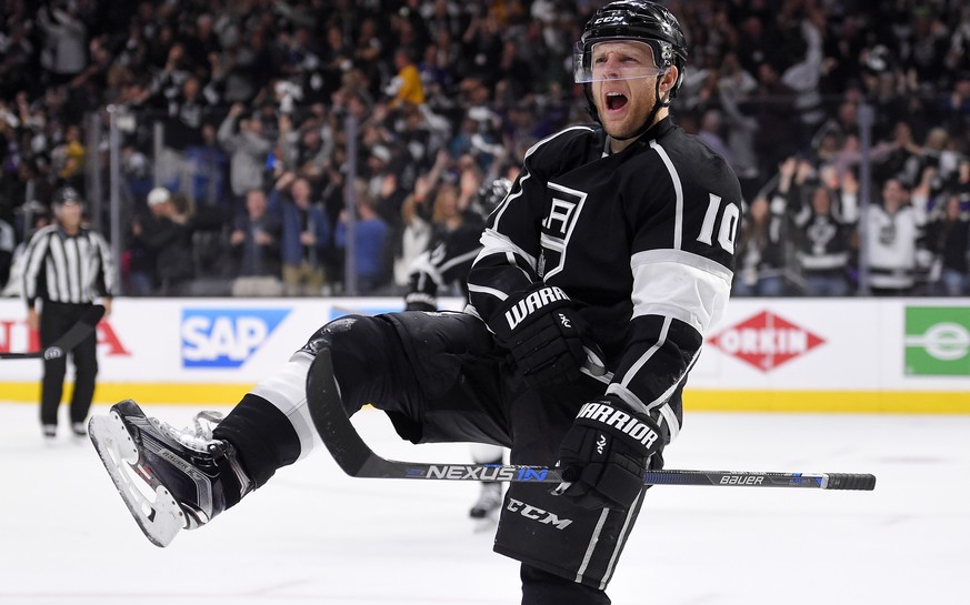 Los Angeles Kings right wing Kris Versteeg celebrates his goal during the second period of Game 5 in an NHL hockey Stanley Cup playoffs first-round series against the San Jose Sharks, Friday, April 22 ...