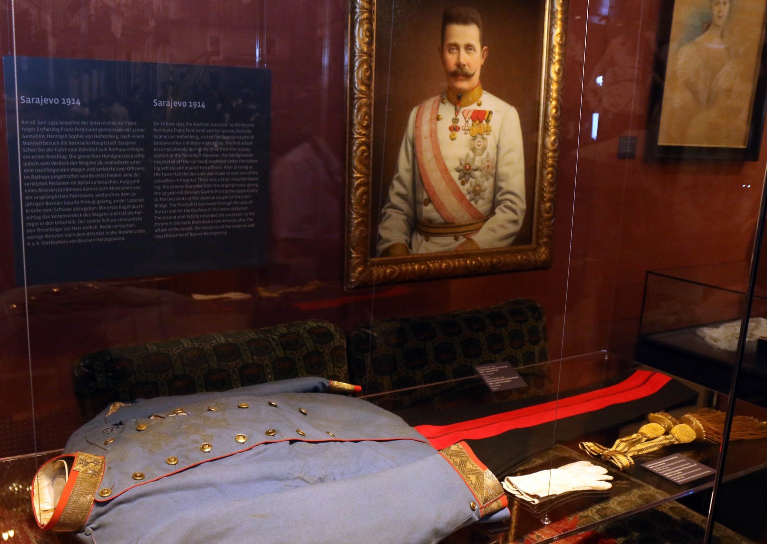 The blood soaked uniform jacket worn by Austrian Archduke Franz Ferdinand when he was shot to death in Sarajevo is on display at the Museum of Military History in Vienna, Austria, on Friday, June 27,  ...