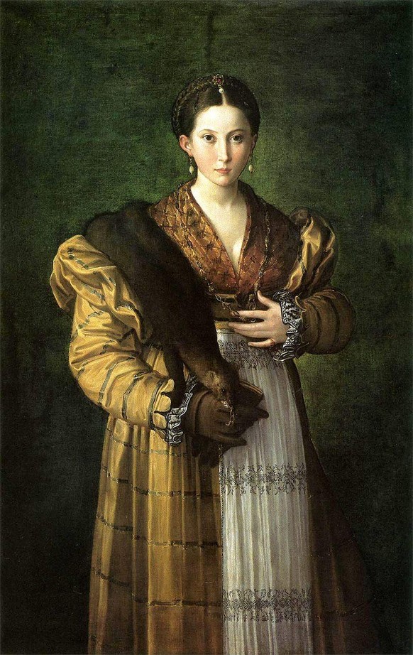 Antea oder Porträt einer jungen Frau, gemalt von Parmigianino zwischen 1524 und 1527. Sie berührt erwartungsvoll ihren Schoss, während sie mit der anderen Hand den Marder an seiner Nasenkette hält. Da ...