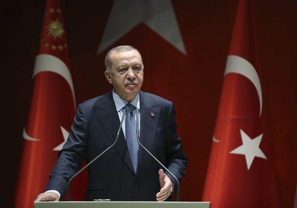 Turkey&#039;s President Recep Tayyip Erdogan addresses his ruling party members, in Ankara, Turkey, Thursday, Nov. 5, 2020. Erdogan held a video call with ethnic Turks living in Austria who Turkey&#03 ...