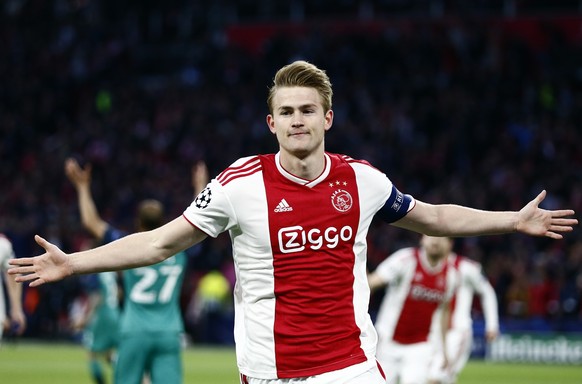 Ajax&#039;s Matthijs de Ligt celebrates after scoring the opening goal during the Champions League semifinal second leg soccer match between Ajax and Tottenham Hotspur at the Johan Cruyff ArenA in Ams ...