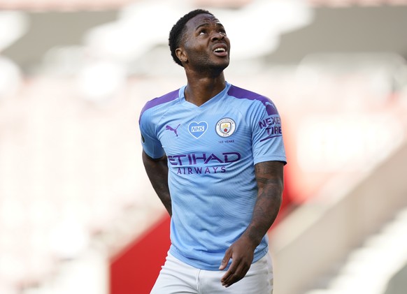 epa08529443 Manchester City&#039;s Raheem Sterling reacts during the English Premier League soccer match between Southampton FC and Manchester City in Southampton, Britain, 05 July 2020. EPA/Will Oliv ...