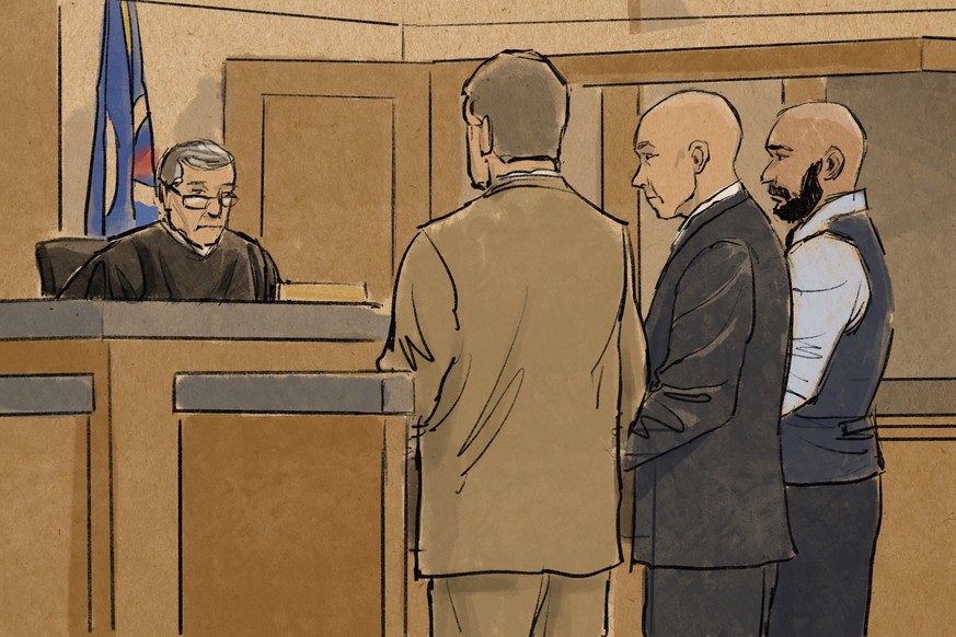 In this courtroom sketch, former Minneapolis police officer J. Alexander Kueng, right, stands beside his defense attorney, Thomas Plunkett, second right, during a hearing before Hennepin County Judge  ...