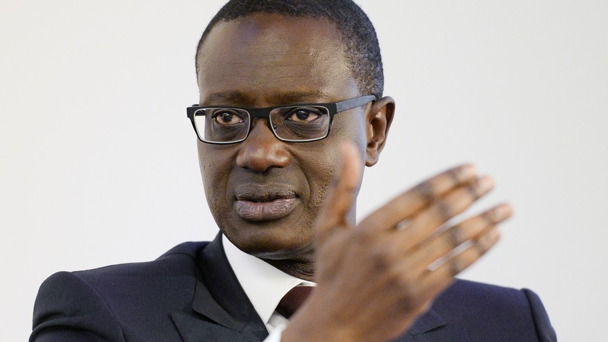Tidjane Thiam, CEO of Swiss bank Credit Suisse, speaks during a press conference in Zurich, Switzerland, Wednesday, October 21, 2015. Credit Suisse CEO Tidjane Thiam hinted at a wave of job cuts at th ...