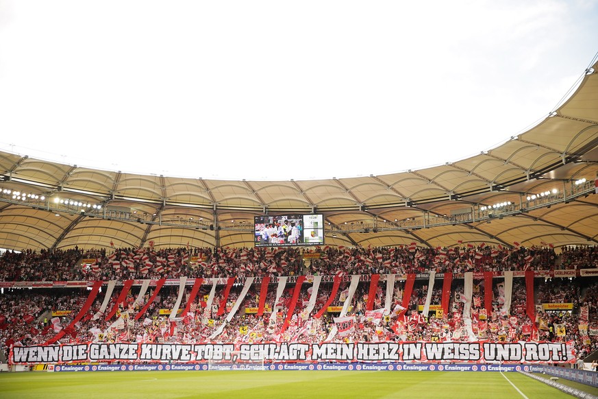 STUTTGART, GERMANY - SEPTEMBER 27: Stuttgart fans show off a banner before the Bundesliga match between VfB Stuttgart and Hannover 96 at Mercedes-Benz Arena on September 27, 2014 in Stuttgart, Germany ...