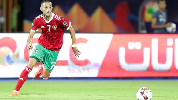 epa07680553 Morocco&#039;s Hakim Ziyech in action during the 2019 Africa Cup of Nations (AFCON) group D soccer match between Morocco and the Ivory Coast at Salam Stadium in Cairo, Egypt, 28 June 2019. ...