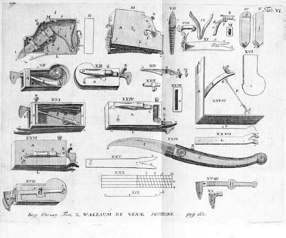Abbildung von Aderlassinstrumenten, 1749.