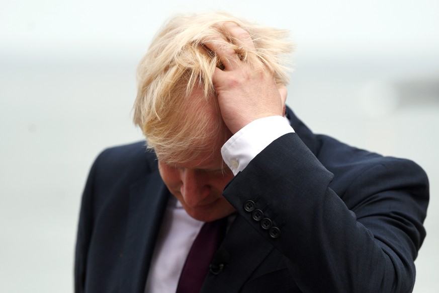 epa07823061 (FILE) - Britain&#039;s Prime Minister Boris Johnson reacts during a TV interview ahead of bilateral meetings as part of the G7 summit in Biarritz, France, 25 August 2019 (reissued 06 Sept ...