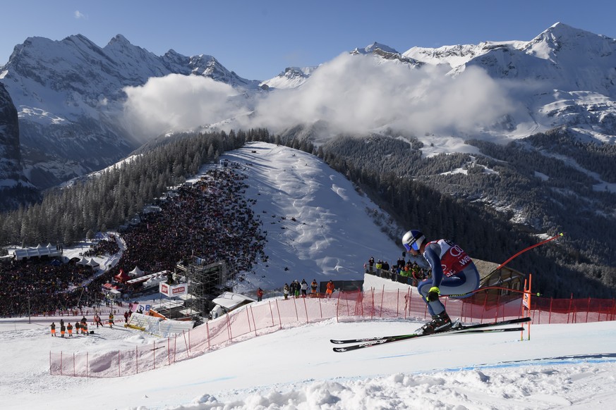 Italy&#039;s Dominik Paris in action during the men&#039;s downhill race run at the Alpine Skiing FIS Ski World Cup in Wengen, Switzerland, Saturday, January 18, 2020. (KEYSTONE/Anthony Anex)