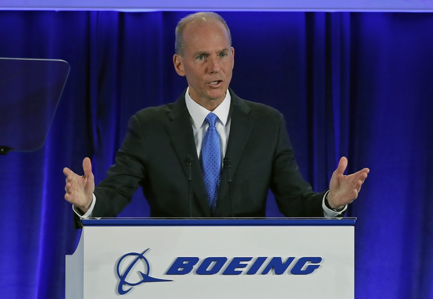 epa07536381 Boeing Chief Executive Officer Dennis Muilenburg speaks at the Boeing Annual General Meeting at the Field Museum in Chicago, Illinois, USA, 29 April 2019. Boeing management were to face qu ...