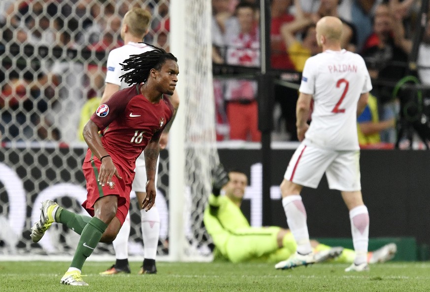 Portugal&#039;s Renato Sanches, left, celebrates after scoring his side&#039;s first goal during the Euro 2016 quarterfinal soccer match between Poland and Portugal, at the Velodrome stadium in Marsei ...