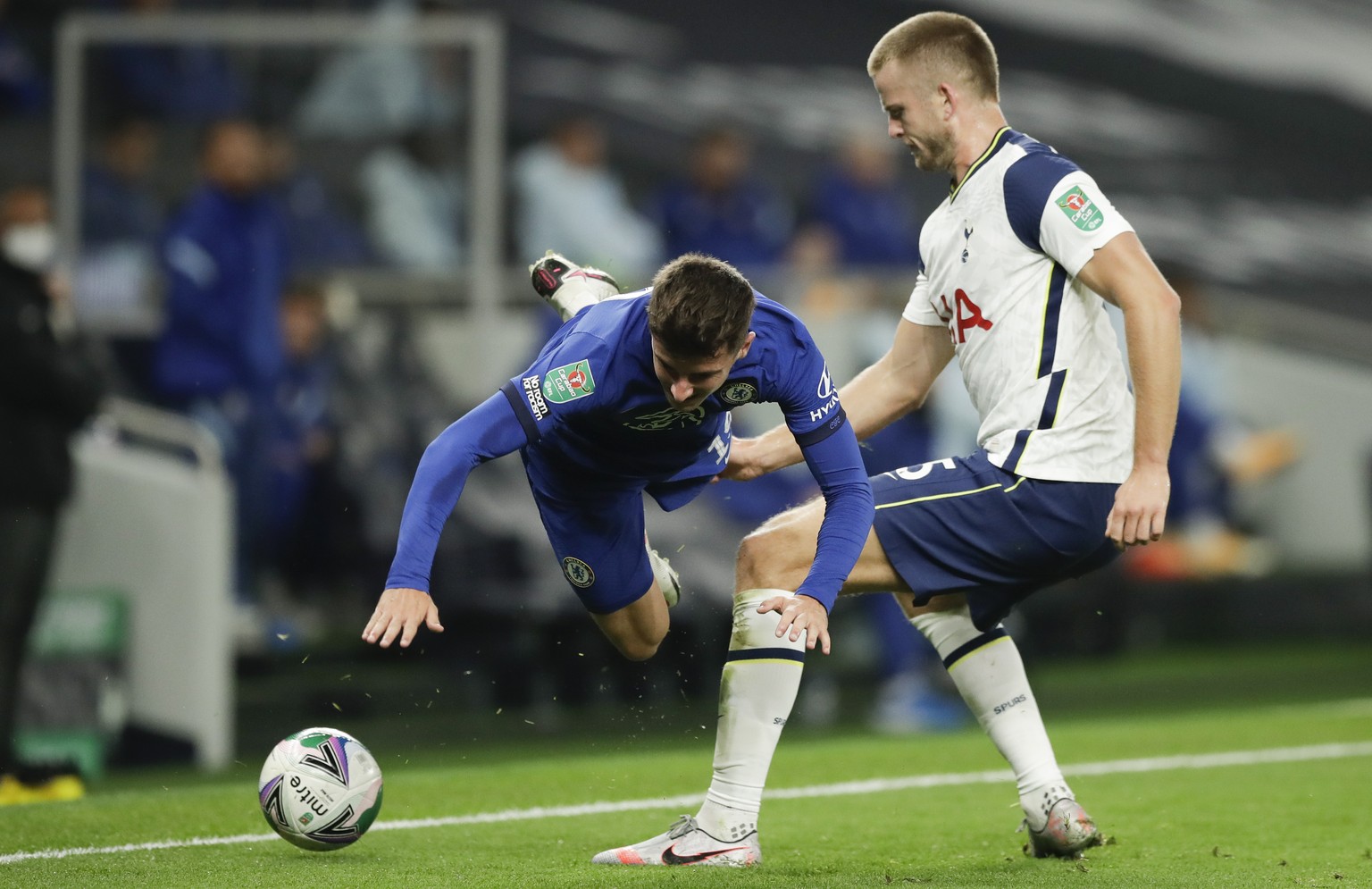 Chelsea&#039;s Mason Mount, left, is tackled by Tottenham&#039;s Eric Dier during the English League Cup fourth round soccer match between Tottenham Hotspur and Chelsea at Tottenham Hotspur Stadium in ...