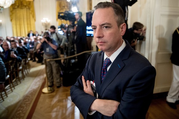 FILE - In this Monday, June 5, 2017, file photo, President Donald Trump&#039;s then-Chief of Staff Reince Priebus attends an Air Traffic Control Reform Initiative event in the East Room at the White H ...