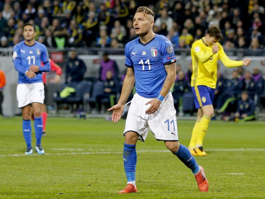 Italy&#039;s Ciro Immobile reacts during the World Cup qualifying play-off first leg soccer match between Sweden and Italy, at the Friends Arena in Stockholm, Friday, Nov. 10, 2017. (AP Photo/Frank Au ...