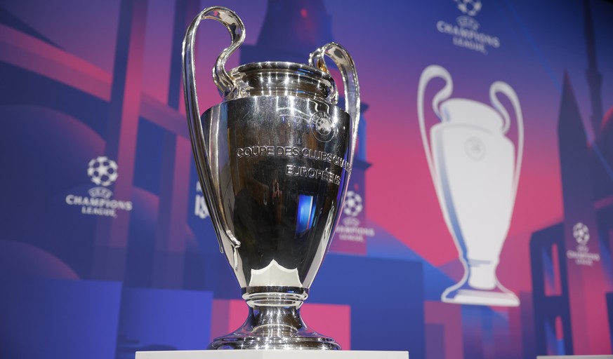 epa09083584 A handout photo made available by the UEFA shows a detailed view of the UEFA Champions League trophy during the UEFA Champions League 2020/21 Quarter-finals and Semi-finals draw at the UEF ...