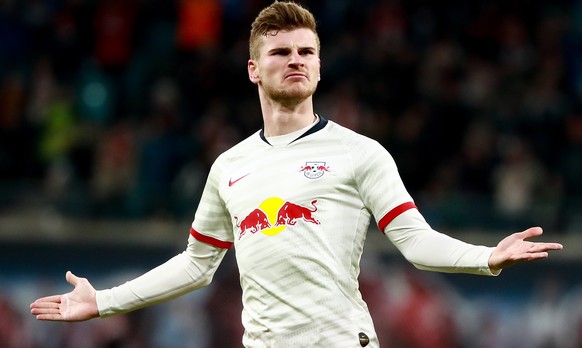 epaselect epa08139347 Leipzig&#039;s Timo Werner celebrates after scoring the 1-1 during the German Bundesliga soccer match between RB Leipzig and FC Union Berlin in Leipzig, Germany, 18 January 2020. ...