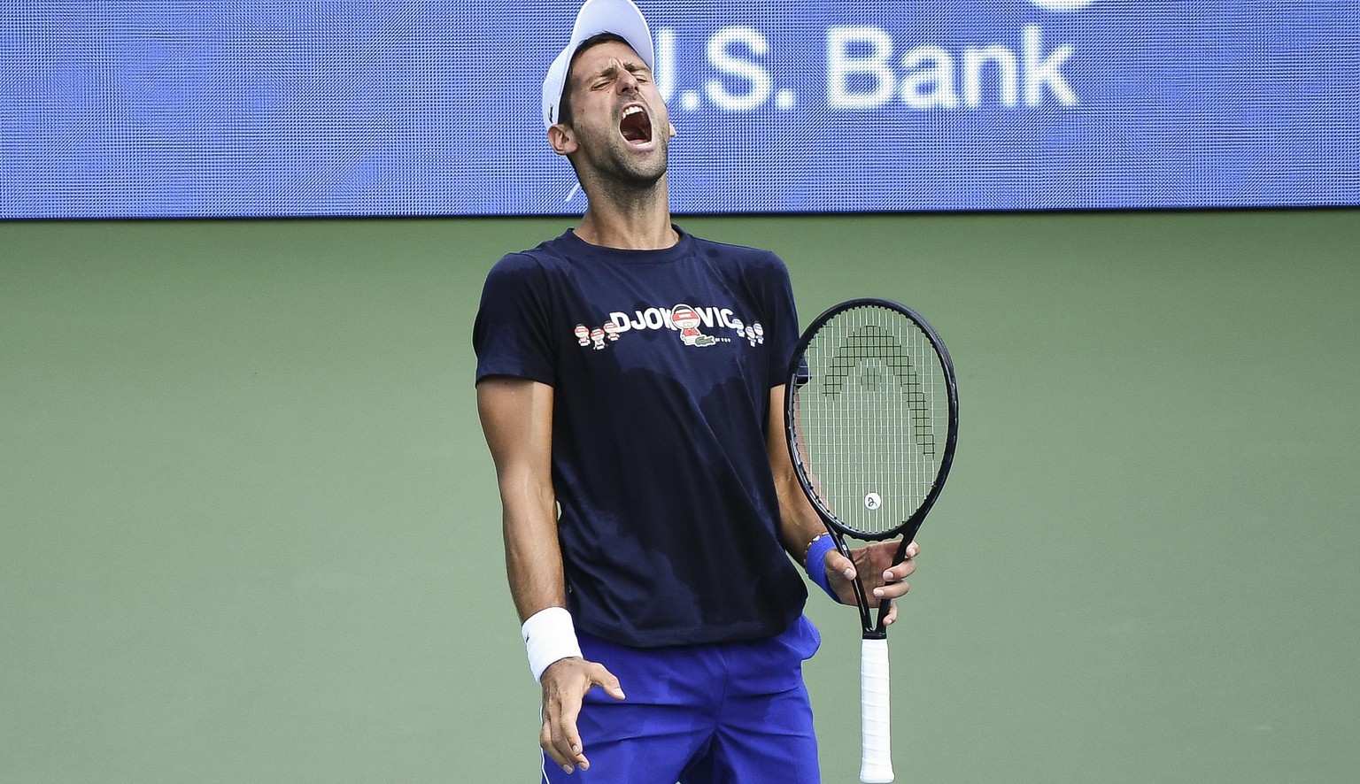 NEW YORK, NY - AUGUST 18: Images of Novak Djokovic of Serbia yelling during practice at the 2020 Western &amp; Southern Open at the USTA Billie Jean King National Tennis Center in the Queens borough o ...