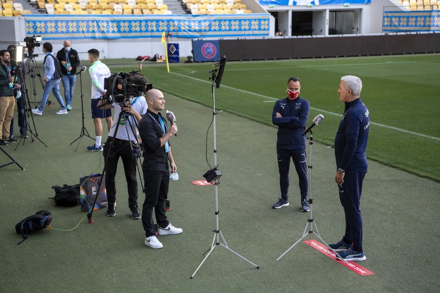 Switzerland&#039;s head coach Vladimir Petkovic talks to journalists during a training session of the UEFA Nations League at the Lviv Arena stadium in Lviv, Ukraine, Wednesday, September 2, 2020. Ukra ...