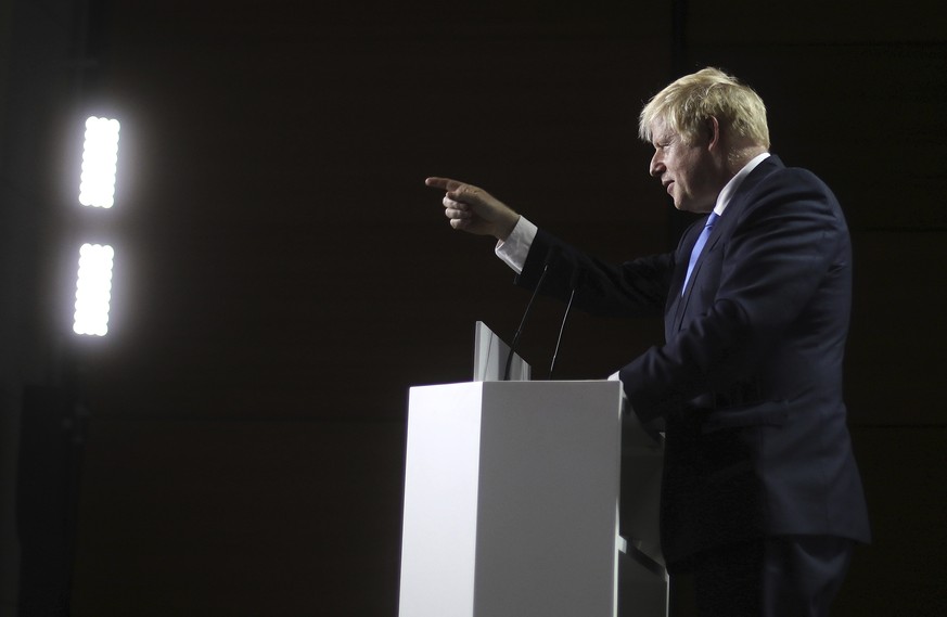 Britain&#039;s Prime Minister Boris Johnson gestures as he speaks during a press conference on the third and final day of the G-7 summit in Biarritz, France Monday, Aug. 26, 2019. (AP Photo/Markus Sch ...