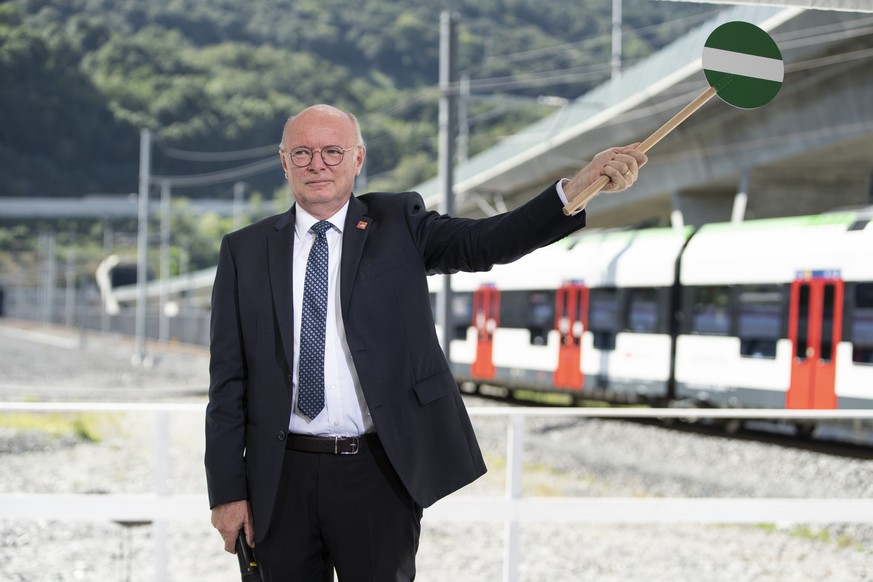 The tunnel portal, photograph on the opening Day of the Ceneri Base Tunnel. Vincent Ducrot, CEO SBB speak by the opening ceremony. on Friday, 4 September 2020, in Camorino, Switzerland. The Ceneri Bas ...
