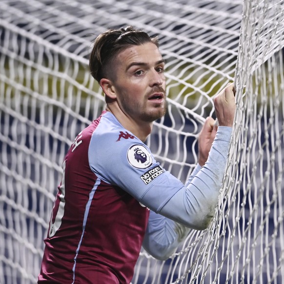 Aston Villa&#039;s Jack Grealish reacts after missing a chance during the English Premier League soccer match between West Bromwich Albion and Aston Villa at the Hawthorns, West Bromwich, England, Sun ...