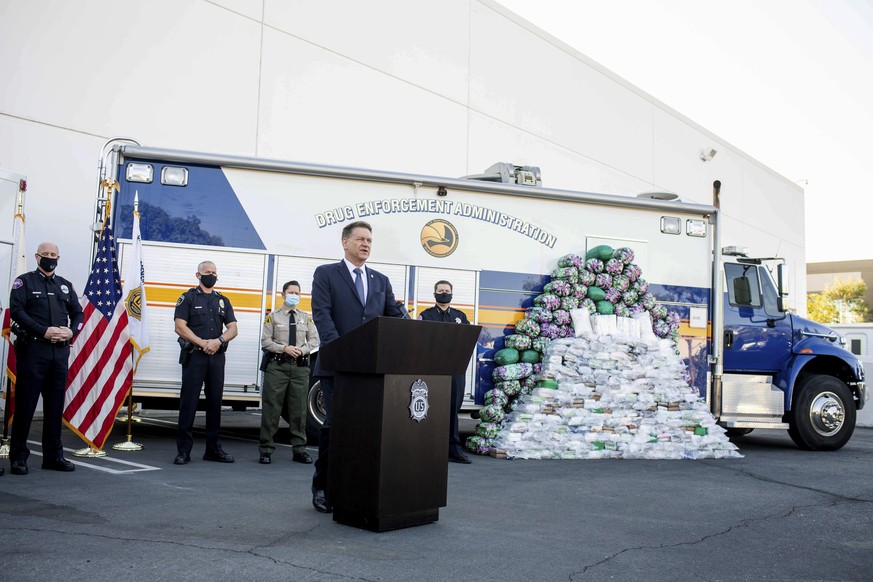 DEA Acting Administrator Timothy Shea speaks during a news conference in Montebello, Calif., on Wednesday, Oct. 14, 2020 after a drug seizure of cocaine, heroin and methamphetamine. Federal authoritie ...