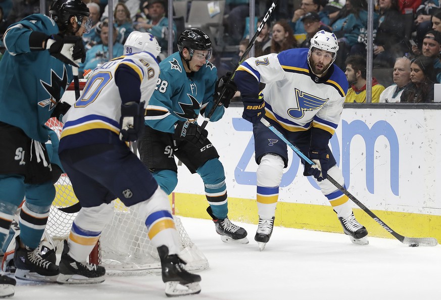 St. Louis Blues&#039; Pat Maroon, right, looks to pass away from San Jose Sharks&#039; Timo Meier (28) during the second period of an NHL hockey game Saturday, March 9, 2019, in San Jose, Calif. (AP P ...