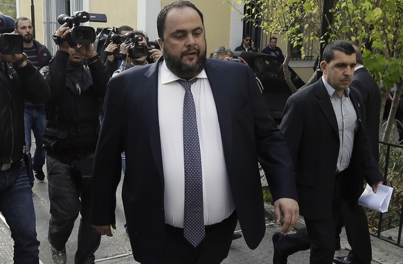 Olympiakos soccer club chairman Evangelos Marinakis appears in court in Athens on Wednesday, Nov. 19, 2014. Marinakis and other senior Greek football officials testified at a judicial inquiry that was ...