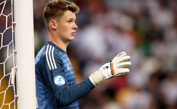 epa07654645 Goalkeeper of Germany, Alexander Nuebel, reacts during the UEFA European Under-21 Championship 2019 Group B soccer match between Germany and Denmark in Udine, Italy, 17 June 2019. EPA/GABR ...