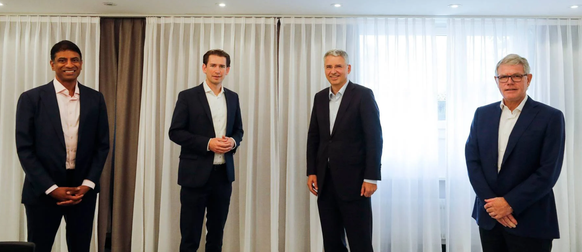 Kanzler Sebastian Kurz trifft Schweizer Pharmachefs (v.l.): Novartis-CEO Vasant Narasimhan, Roche-CEO Severin Schwan und Lonza-CEO Albert M. Baehny.