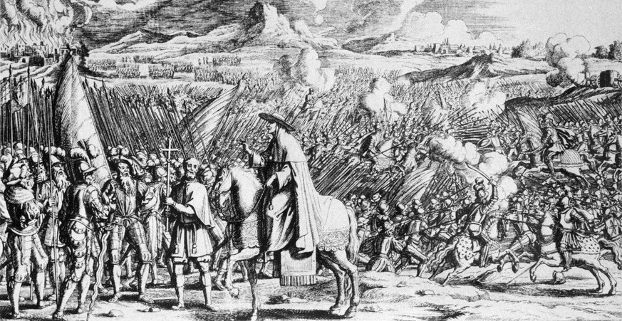 Der Kupferstich von Melchior Fuessli aus dem Jahr 1713 zeigt das dramatische Ereignis der Schlacht von Marignano vom 13. September 1515 zwischen den Eidgenossen und Frankreich um das Herzogtum Mailand ...