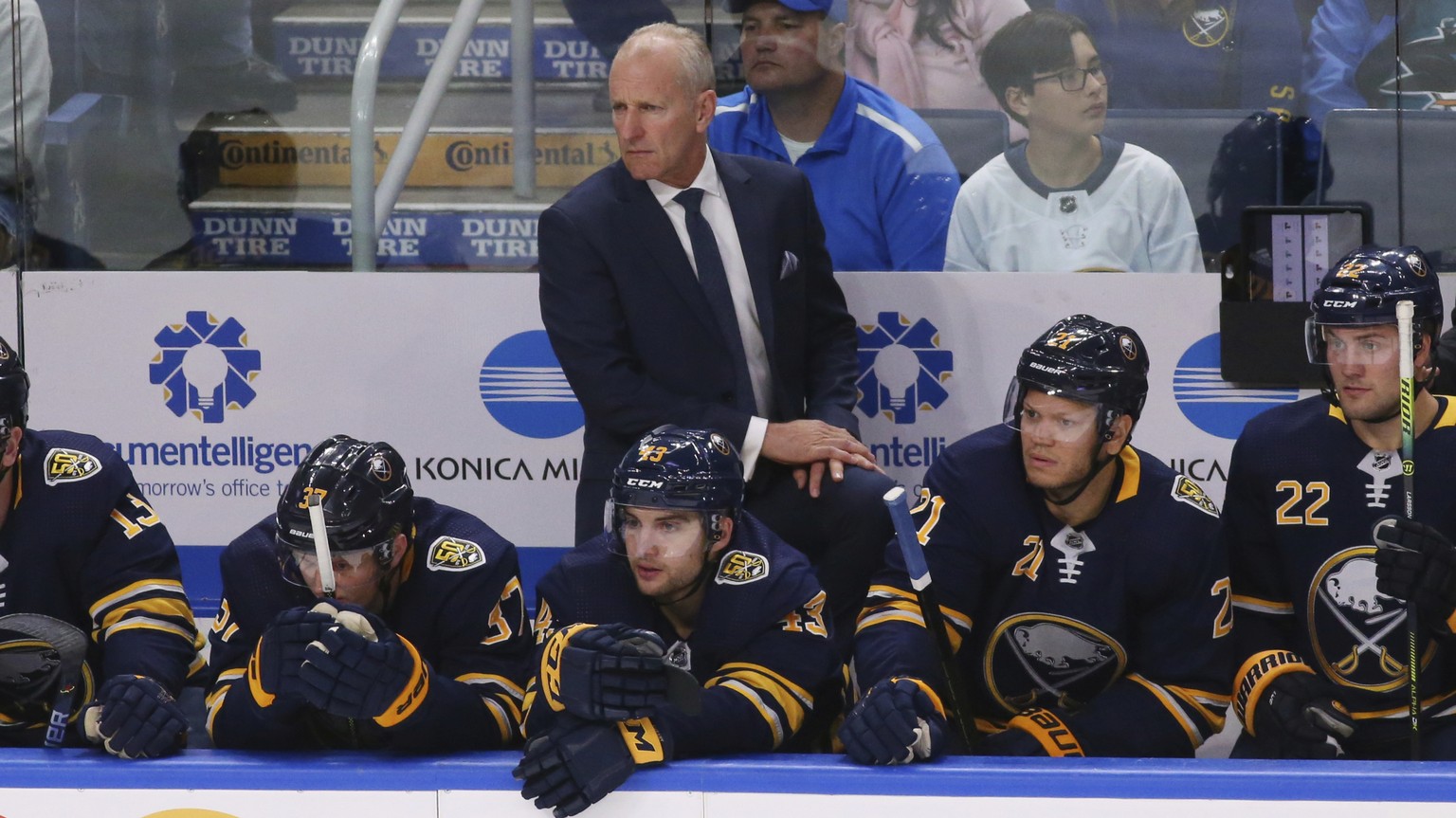 Buffalo Sabres coach Ralph Krueger watches during the first period of the team&#039;s NHL hockey game against the San Jose Sharks, Tuesday, Oct. 22, 2019, in Buffalo, N.Y. (AP Photo/Jeffrey T. Barnes)
