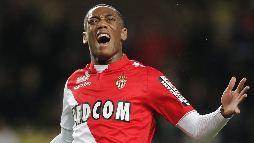 FILE - This is a Sunday, Dec. 8, 2013 file photo of Monaco&#039;s Anthony Martial of France as he reacts during his French League One soccer match, in Monaco stadium against Ajaccio. The French Footba ...