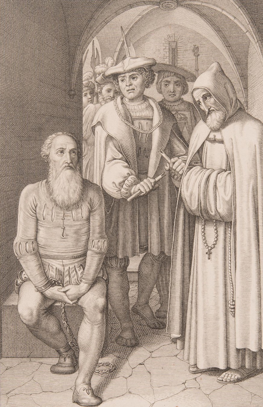 Waldmann, an einen Stein im Wellenbergturm gekettet, vernimmt sein Todesurteil von einem Mönch. Kupferstich von 1815.