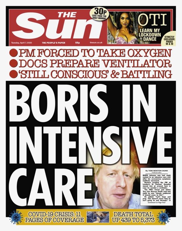 Britische Zeitungen am Tag, nach dem Premierminister Boris Johnson auf die Intensivstation verlegt wurde.