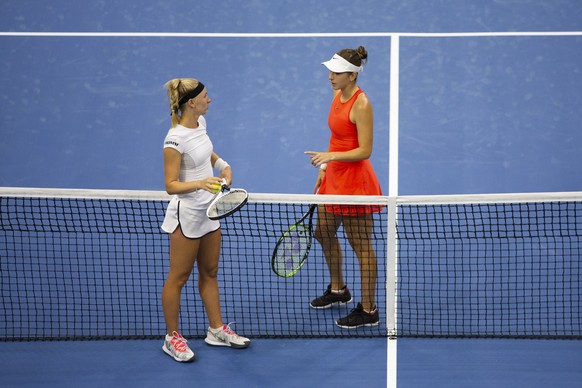 Jil Teichmann of Switzerland, left, and Belinda Bencic of Switzerland discuss during a break in a match at the Tennis Securitas Pro Cup, Saturday, July 25, 2020, in the Swiss Tennis Arena in Biel, Swi ...