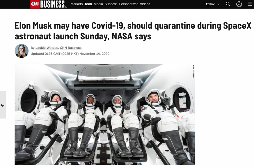 NASA-Chef Jim Bridenstine sagte am Freitagmorgen an einer routinemässigen Pressekonferenz zu nachfragenden Reportern, dass Musk nach den Richtlinien der NASA unter Quarantäne gestellt werden sollte un ...