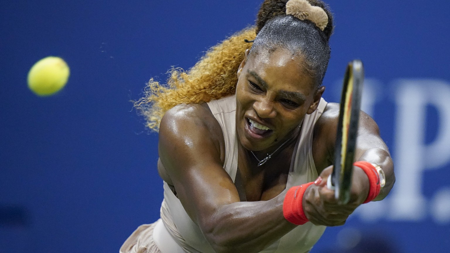 Serena Williams, of the United States, returns a shot to Victoria Azarenka, of Belarus, during a semifinal match of the US Open tennis championships, Thursday, Sept. 10, 2020, in New York. (AP Photo/F ...