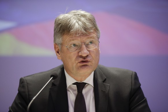 Jörg Meuthen, leader of Alternative For Germany party, talks to journalists during a press conference, in Milan, Monday, April 8, 2019. Matteo Salvini, Italy&#039;s the League party leader and hard-li ...