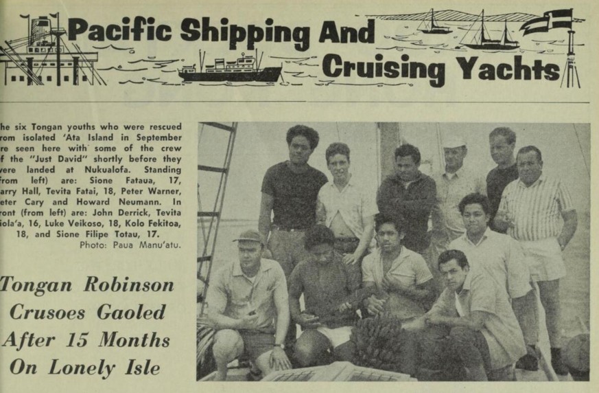 Zeitungsbericht über die Rettung der sechs schiffbrüchigen Jungen aus Tonga 1966.
https://nla.gov.au/nla.obj-370541289/view?sectionId=nla.obj-374703999&amp;partId=nla.obj-370594270#page/n102/mode/1up