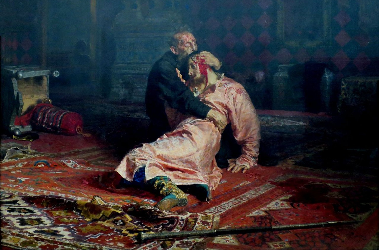 Gemälde von Ilja Repin, 1885: Iwan der Schreckliche erschlug im Streit seinen Sohn mit der Stahlspitze seines Herrscherstabes.