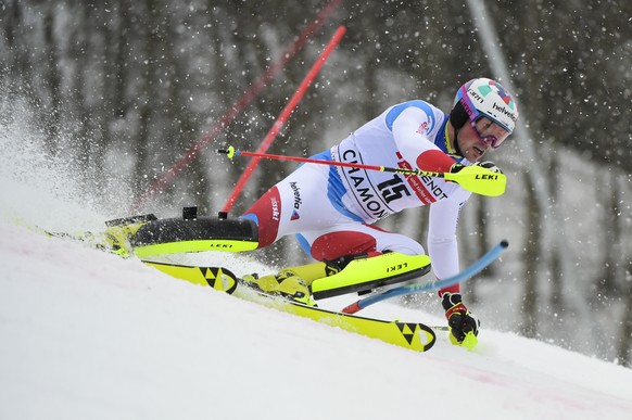 Switzerland&#039;s Daniel Yule speeds down the course during an alpine ski, men&#039;s World Cup slalom, in Chamonix, Saturday, Jan. 30, 2021. (AP Photo/Marco Tacca)